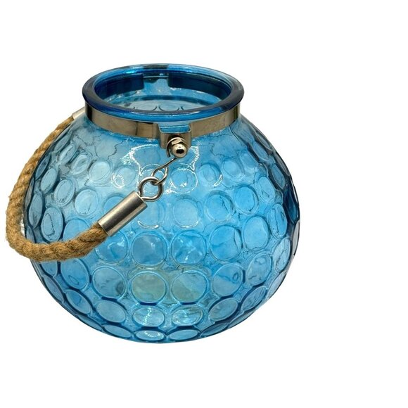 Blue Bubble Glass Hanging Candle Holder With Metal & Rope Handle - Picture 10 of 14